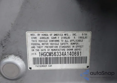 2004 Honda Accord 2.4 Lx from USA, damaged, VIN 1HGCM56334A140691